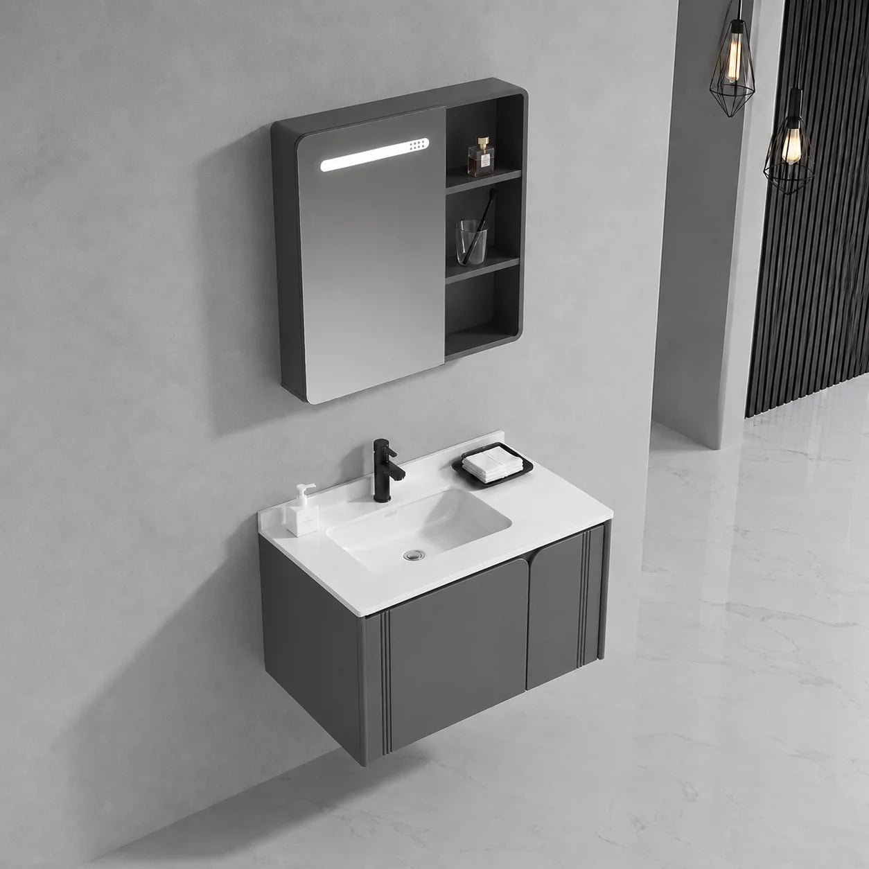 Set Mobilier ORIA pentru Baie, Dulap Lavoar+Dulap Oglinda 60cm, 2 Piese, Gri si Alb