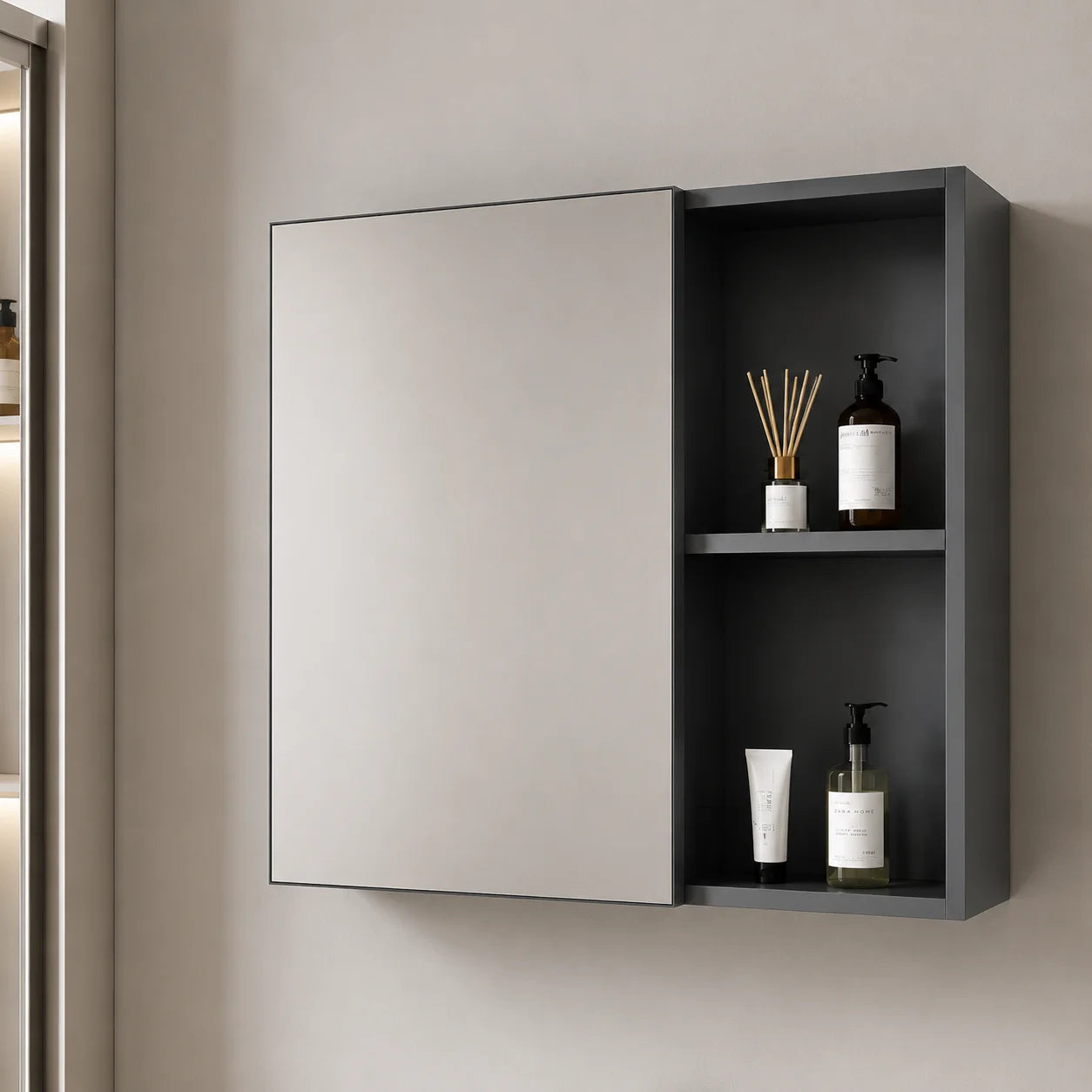 Set Mobilier SIENA pentru Baie ,Dulap Lavoar+Dulap Oglinda 100cm, 2 Piese, Gri si Negru
