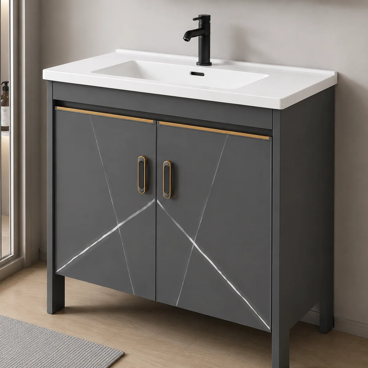 Set Mobilier SIENA pentru Baie ,Dulap Lavoar+Dulap Oglinda 80cm, 2 Piese, Gri si Alb