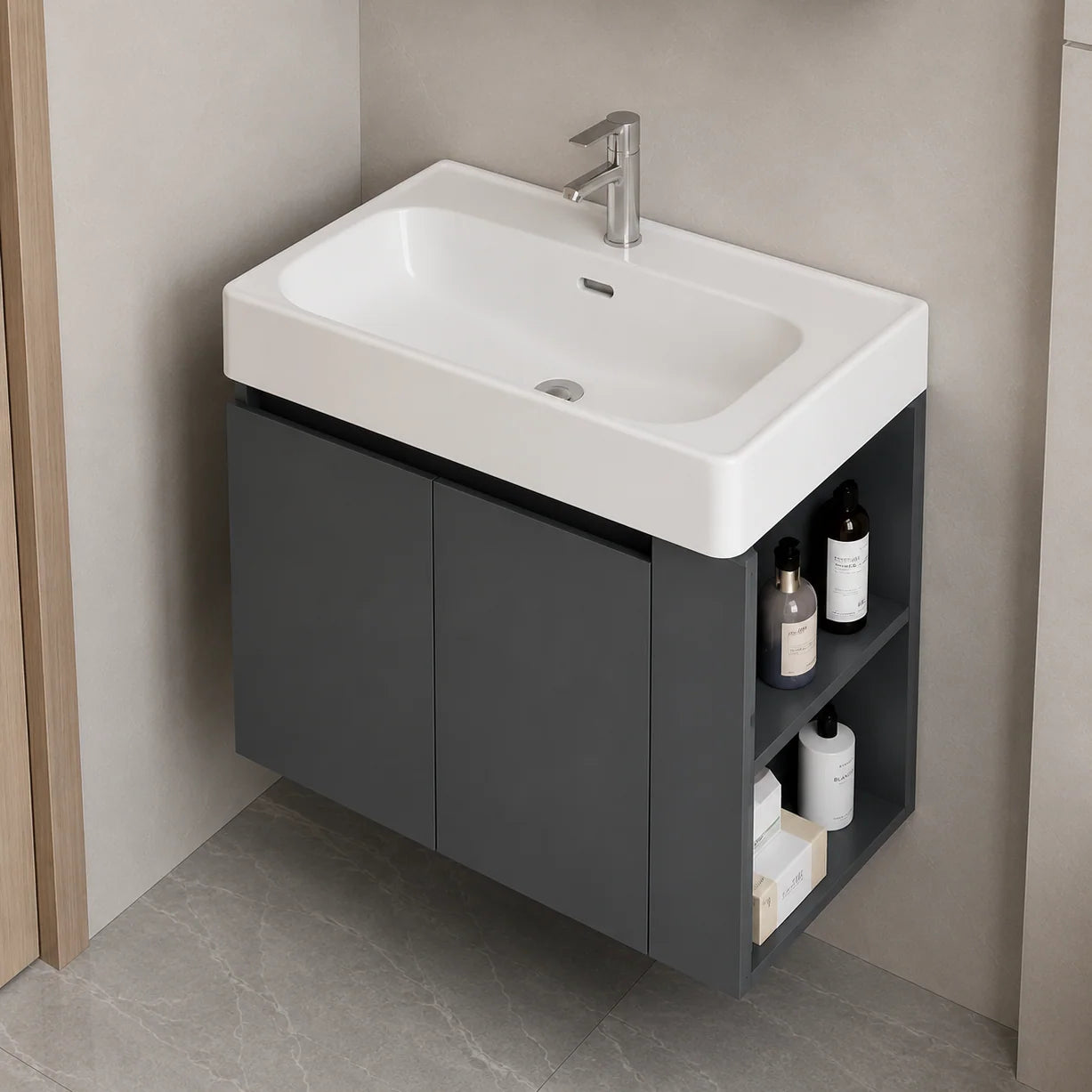 Set Mobilier EVOQ pentru Baie ,Latime 70cm, 2 Piese, Gri si Alb