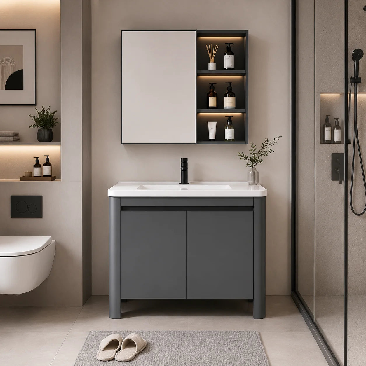 Set Mobilier VION pentru Baie ,Dulap Lavoar+Dulap Oglinda 60cm, 2 Piese, Gri si Alb