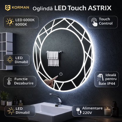 Oglinda LED Touch ASTRIX, 60cm, 6000K, Dimabila, Sistem Dezaburire