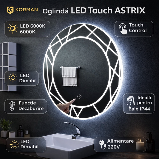 Oglinda LED Touch ASTRIX, 60cm, 6000K, Dimabila, Sistem Dezaburire