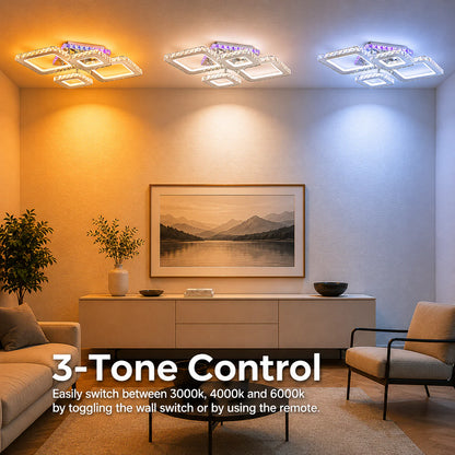 Lustra LED cu telecomanda si cristal NOVA RHOMBA RGB 95W, 4 Patrate, lumina Rece/Calda/Neutra, Dimabila, Crom Lucios