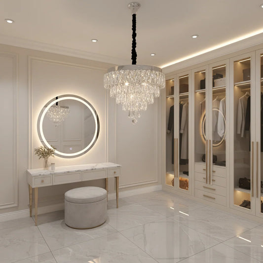 Lustra LED Cristal RIGO cu telecomanda Petito Diametru 30cm, Crom Lucios, Inaltime Reglabila, Metal si Cristal