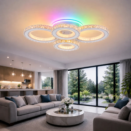 Lustra LED cu telecomanda si cristal NOVA ROTONDA RGB, 86W, 4 Cercuri, lumina Rece/Calda/Neutra, Dimabila, Alb