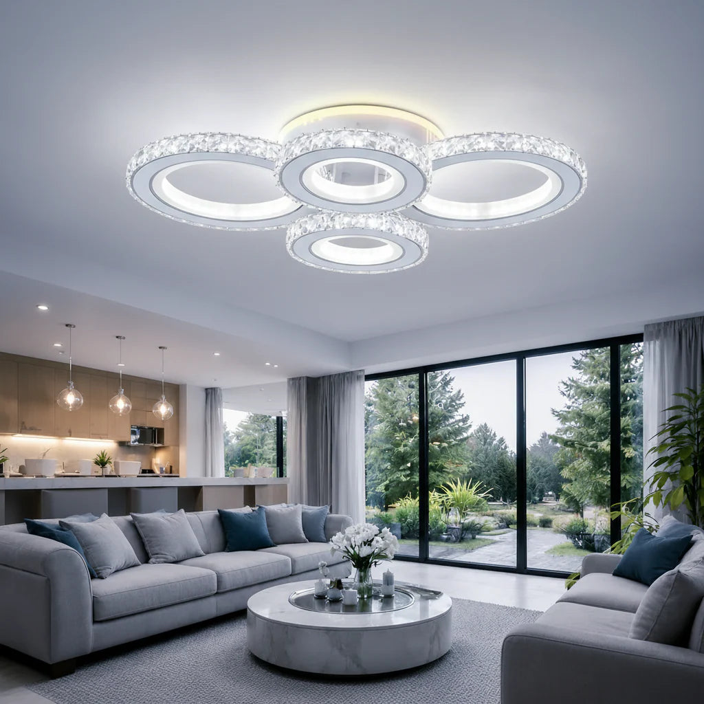 Lustra LED cu telecomanda si cristal NOVA ROTONDA RGB, 86W, 4 Cercuri, lumina Rece/Calda/Neutra, Dimabila, Alb