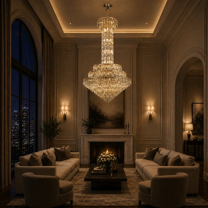 Candelabru Cristal GRAND 87xE14, D138 cm, Auriu, Inaltime Reglabila, Metal si Cristal