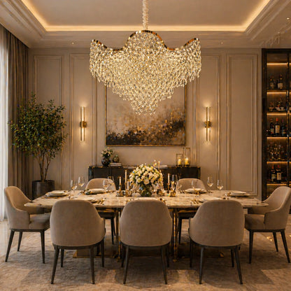 Candelabru Cristal VELOURA Regalis 22xE14, D80 cm, Auriu, Inaltime Reglabila, Metal si Cristal