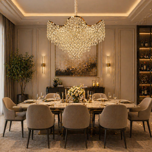 Candelabru Cristal VELOURA Regalis 22xE14, D80 cm, Auriu, Inaltime Reglabila, Metal si Cristal