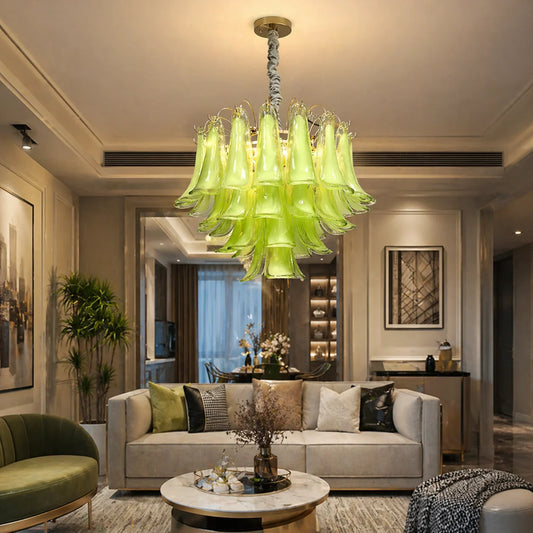 Candelabru Cristal MURANO Magno 7xE14, D60 cm, Verde, Inaltime Reglabila, Metal si Cristal