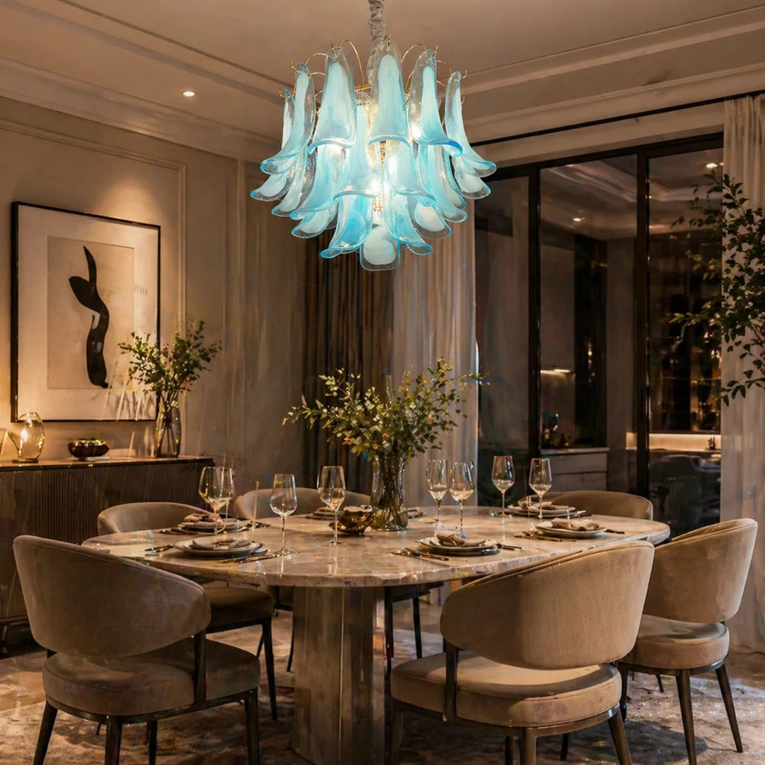 Candelabru Cristal MURANO Eleganza 4xE14, D50 cm, Albastru, Inaltime Reglabila, Metal si Cristal