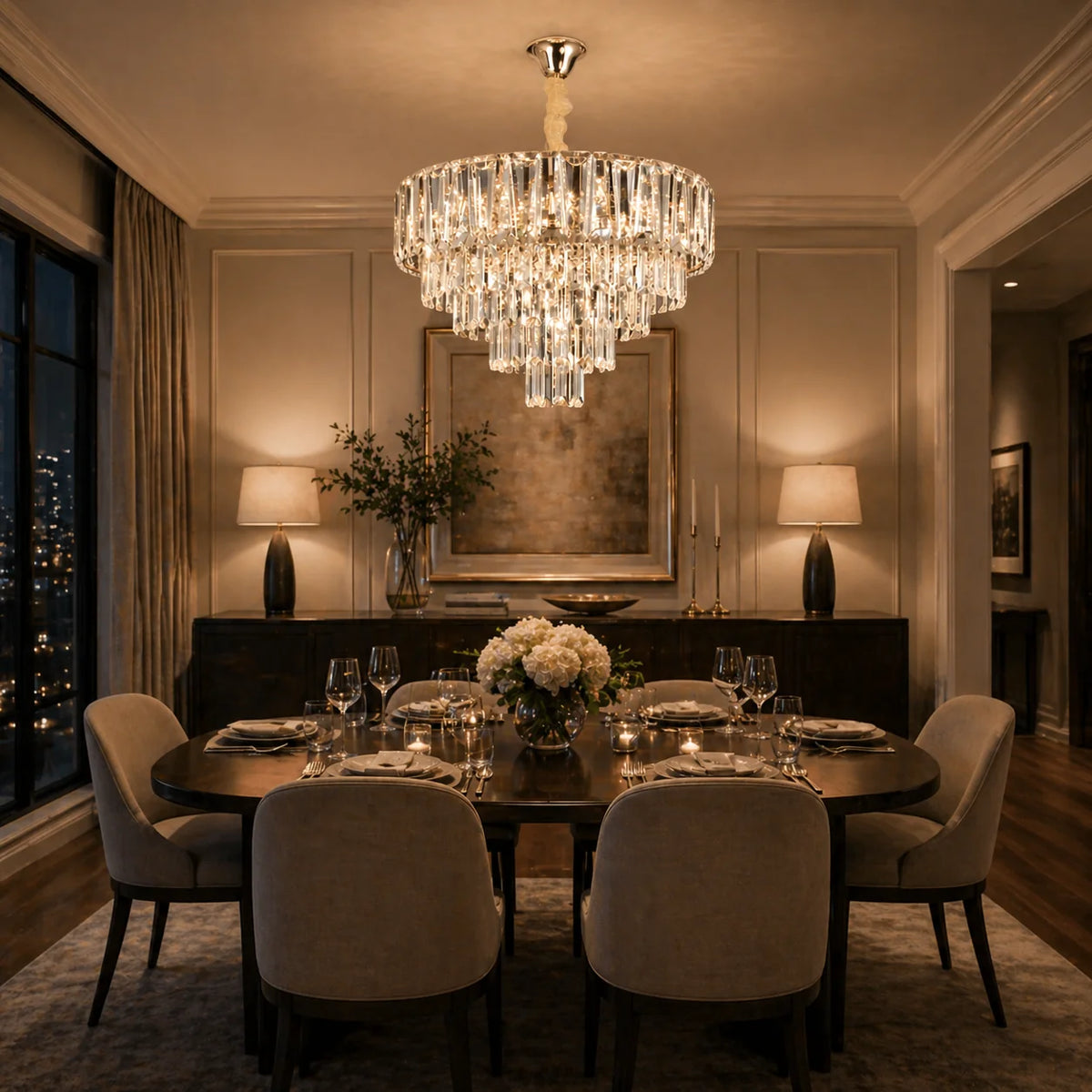 Candelabru Cristal VALMONT Eleganza 8xE14, D50 cm, Auriu, Inaltime Reglabila, Metal si Cristal