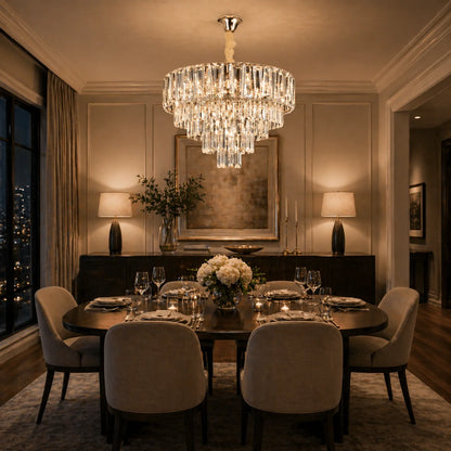 Candelabru Cristal VALMONT Eleganza 8xE14, D50 cm, Auriu, Inaltime Reglabila, Metal si Cristal