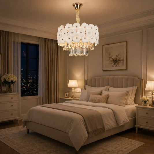 Candelabru Cristal PETAL Nobile 6xE14, D40 cm, Auriu, Inaltime Reglabila, Metal si Cristal