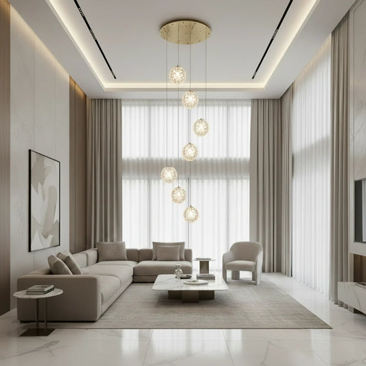 Candelabru Cristal MILLE, 7xG9 , Diametru 60cm x Inaltime 340cm, Cristal si Metal, Auriu