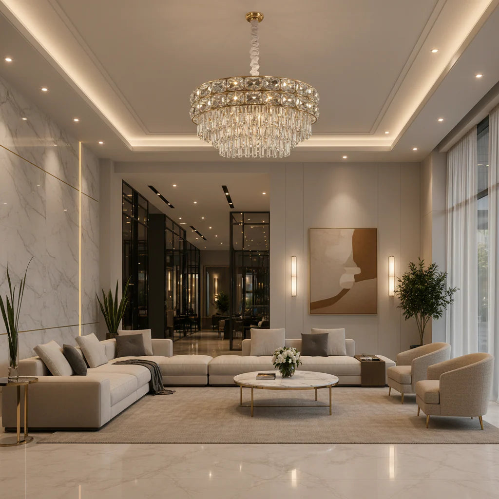 Candelabru Cristal LUCENT Regalis 22xE14, D80 cm, Auriu, Inaltime Reglabila, Metal si Cristal