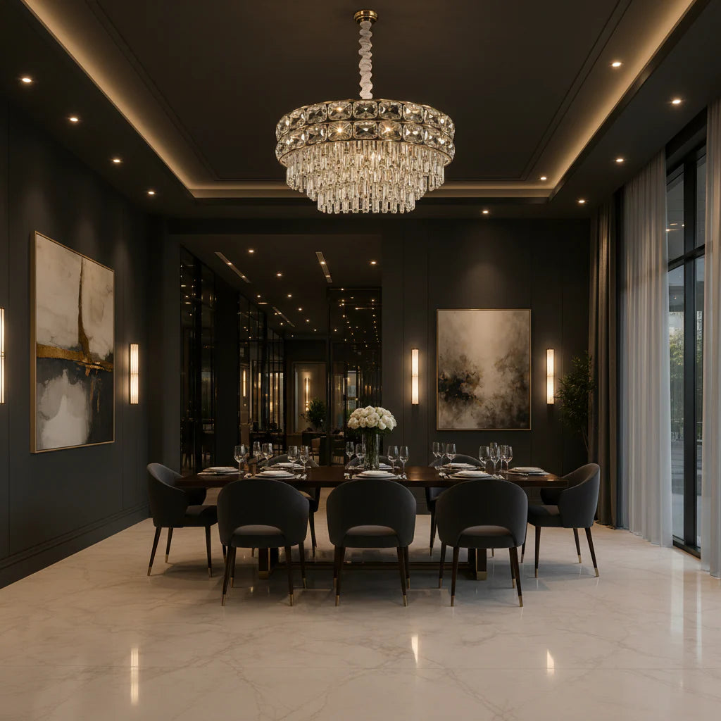 Candelabru Cristal LUCENT Regalis 22xE14, D80 cm, Auriu, Inaltime Reglabila, Metal si Cristal