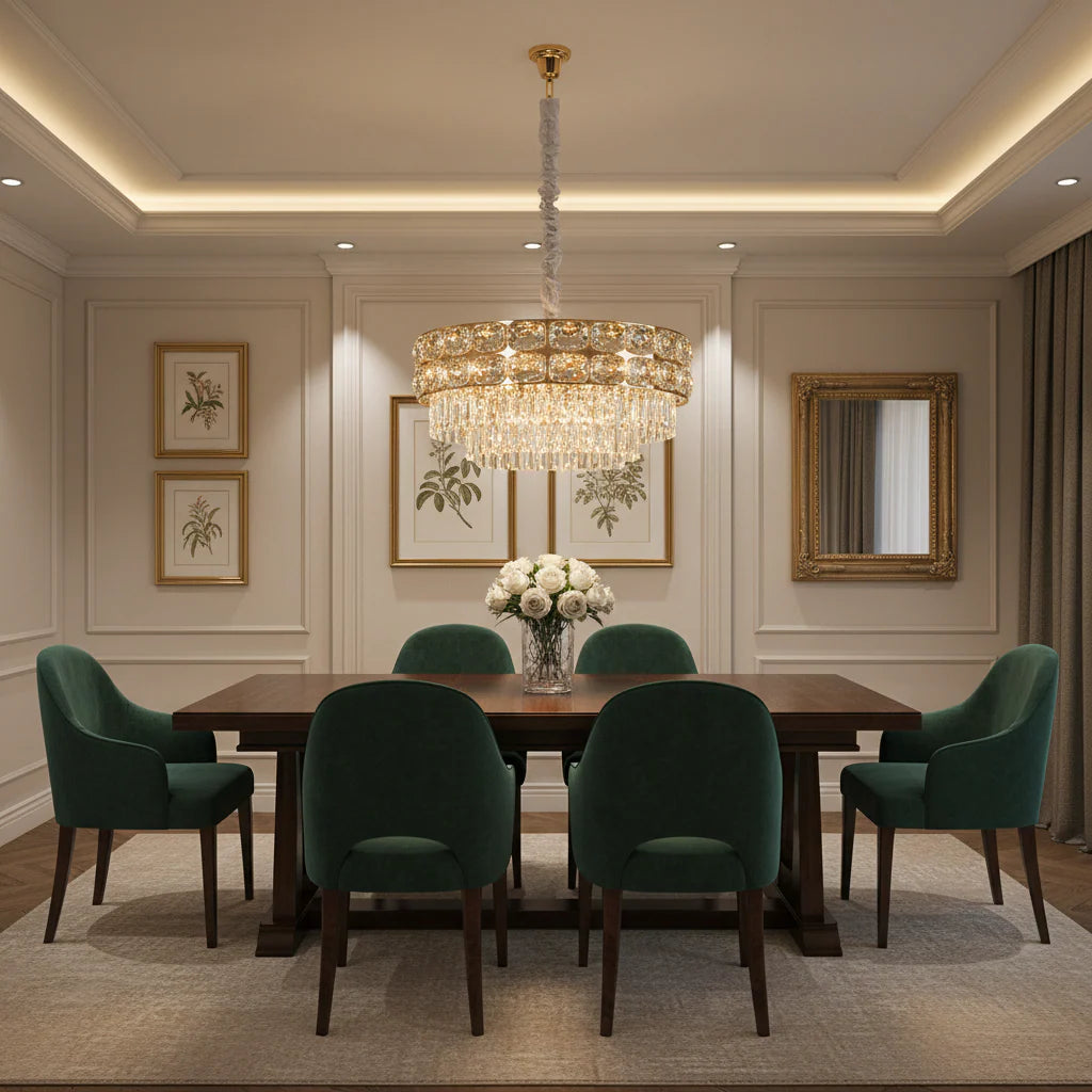 Candelabru Cristal LUCENT Magno 12xE14, D60 cm, Auriu, Inaltime Reglabila, Metal si Cristal