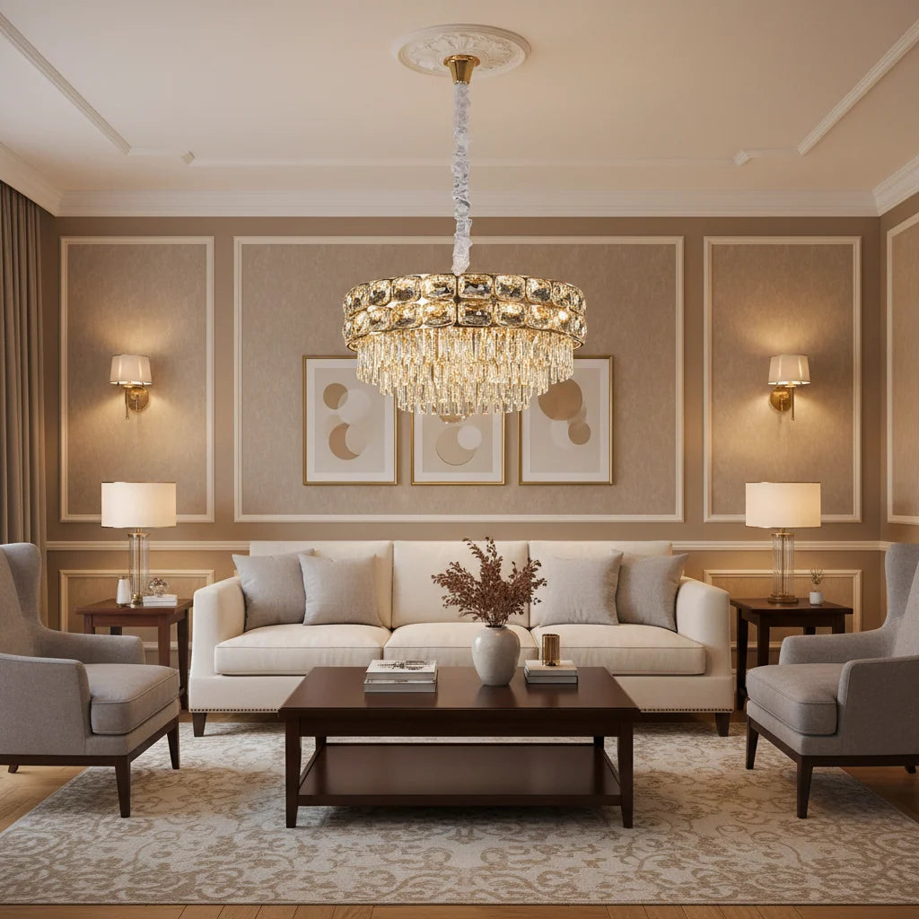 Candelabru Cristal LUCENT Eleganza 9xE14, D50 cm, Auriu, Inaltime Reglabila, Metal si Cristal
