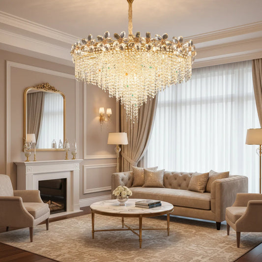 Candelabru Cristal BLOSSOM Regalis, 14xE14, 80cm, Auriu Lucios, Inaltime Reglabila, Metal si Cristal