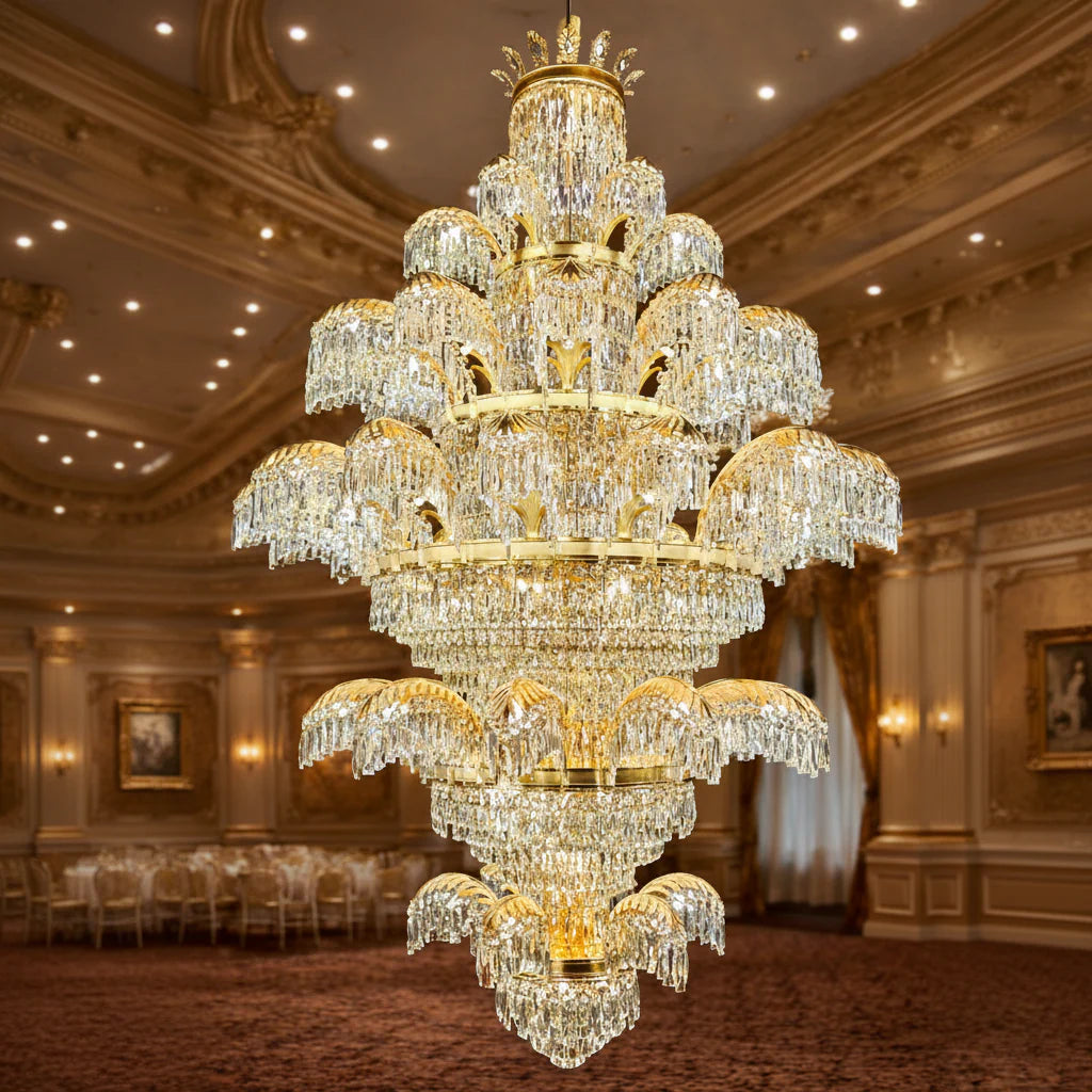 Candelabru Cristal PALACE Grande, 52 de brate, 96xG9, Diametru 150cm, Inaltime 230cm, Auriu Lucios, Inaltime Reglabila, Design Elegant