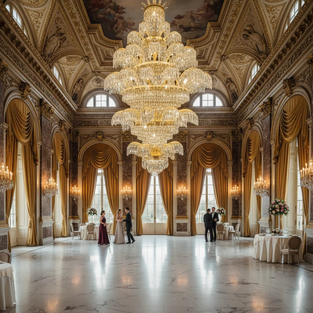 Candelabru Cristal PALACE Grande, 52 de brate, 96xG9, Diametru 150cm, Inaltime 230cm, Auriu Lucios, Inaltime Reglabila, Design Elegant
