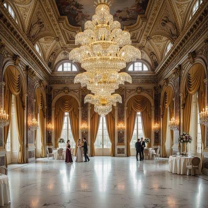 Candelabru Cristal PALACE Grande, 52 de brate, 96xG9, Diametru 150cm, Inaltime 230cm, Auriu Lucios, Inaltime Reglabila, Design Elegant