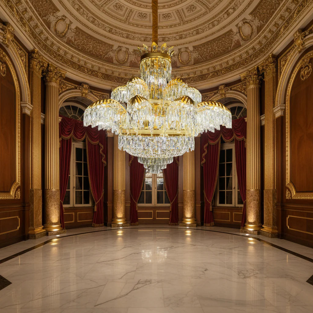 Candelabru Cristal PALACE Supremo 29xG9, D115cm, Auriu Lucios, Inaltime Reglabila, Metal si Cristal