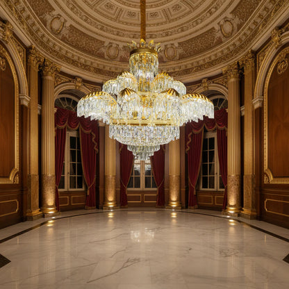 Candelabru Cristal PALACE Supremo 29xG9, D115cm, Auriu Lucios, Inaltime Reglabila, Metal si Cristal