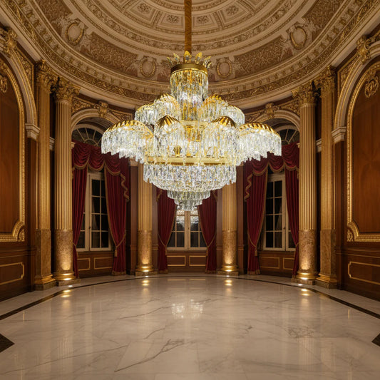 Candelabru Cristal PALACE Supremo 29xG9, D115cm, Auriu Lucios, Inaltime Reglabila, Metal si Cristal