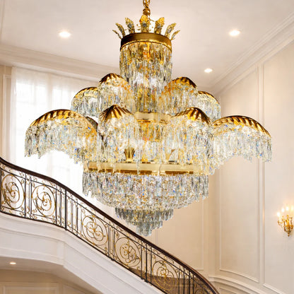 Candelabru Cristal PALACE Supremo 29xG9, D115cm, Auriu Lucios, Inaltime Reglabila, Metal si Cristal