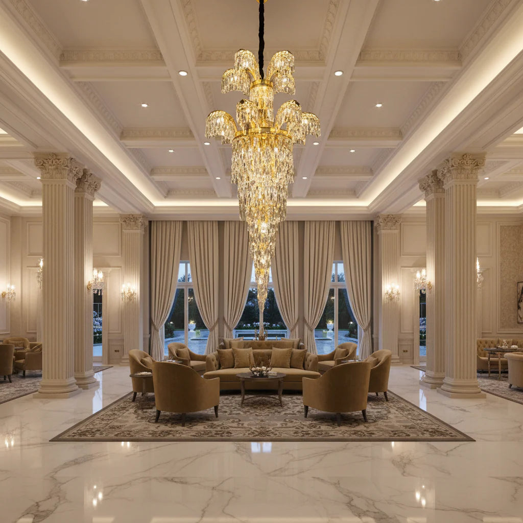 Candelabru Cristal PALACE Regalis, 13 brate, 29xG9, D80cm, Auriu Lucios, Inaltime Reglabila, Metal si Cristal