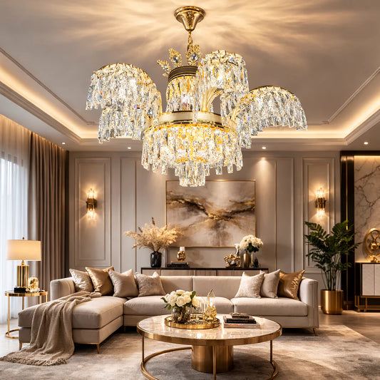 Candelabru Cristal PALACE, 6 brate, 12xG9, D69cm, Auriu Lucios, Inaltime Reglabila, Metal si Cristal