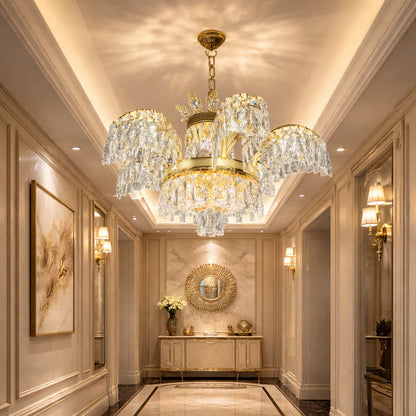 Candelabru Cristal PALACE, 6 brate, 12xG9, D69cm, Auriu Lucios, Inaltime Reglabila, Metal si Cristal