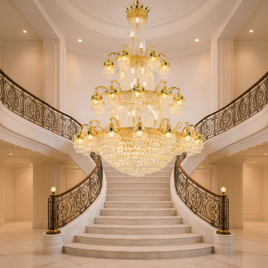 Candelabru Cristal , 61xE14, Diametru 150cm, Inaltime 200cm, Auriu Lucios, Inaltime Reglabila, Design Elegant