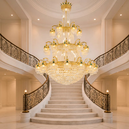 Candelabru Cristal , 61xE14, Diametru 150cm, Inaltime 200cm, Auriu Lucios, Inaltime Reglabila, Design Elegant