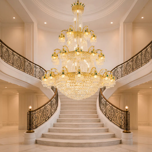 Candelabru Cristal , 61xE14, Diametru 150cm, Inaltime 200cm, Auriu Lucios, Inaltime Reglabila, Design Elegant