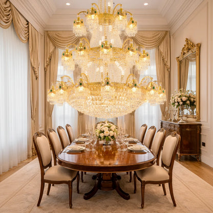 Candelabru Cristal , 61xE14, Diametru 150cm, Inaltime 200cm, Auriu Lucios, Inaltime Reglabila, Design Elegant
