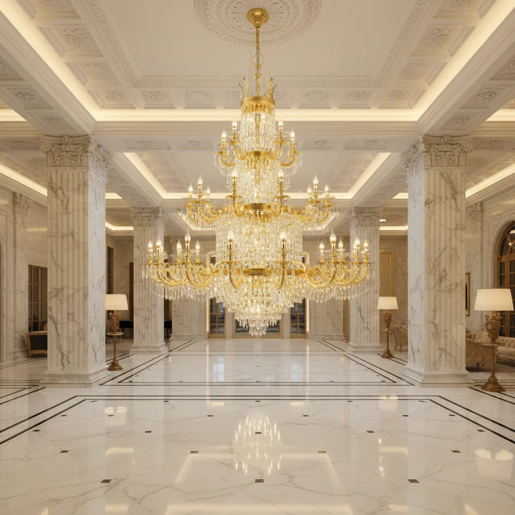 Candelabru Cristal , 54xE14, Diametru 150cm, Inaltime 230cm, Auriu Lucios, Inaltime Reglabila, Design Elegant