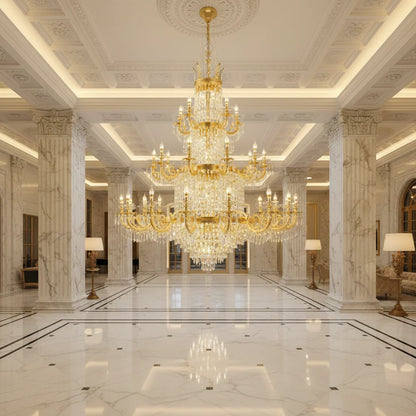 Candelabru Cristal , 54xE14, Diametru 150cm, Inaltime 230cm, Auriu Lucios, Inaltime Reglabila, Design Elegant