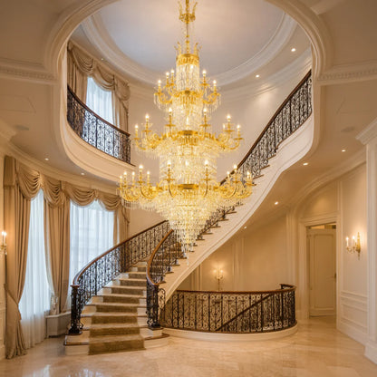 Candelabru Cristal , 54xE14, Diametru 150cm, Inaltime 230cm, Auriu Lucios, Inaltime Reglabila, Design Elegant