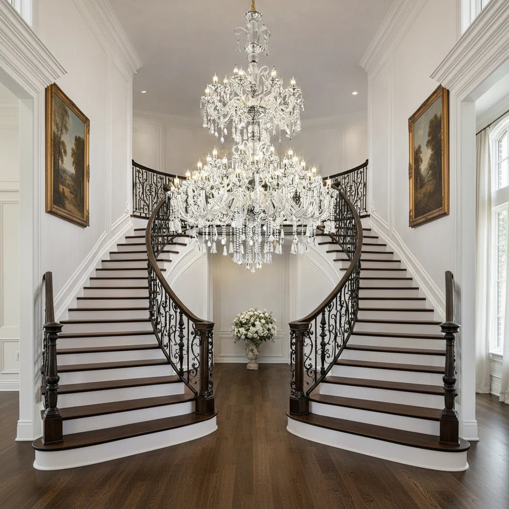 Candelabru Cristal , 55xE14, Diametru 145cm, Inaltime 230cm, Argintiu, Inaltime Reglabila, Design Elegant