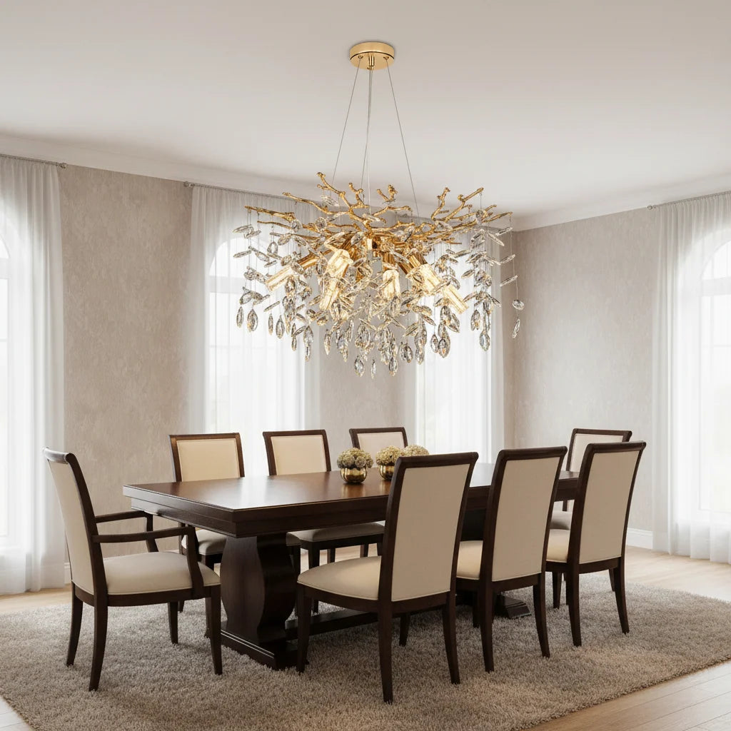 Candelabru Cristal LEAF Magno, Φ60cm, 8xE14, Auriu, Metal si Cristal