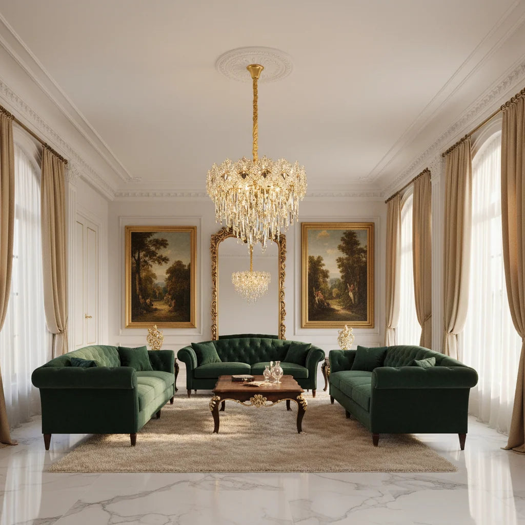 Candelabru Cristal FLEUR Eleganza 9xE14, Diametru 50cm, Inaltime 40cm, Auriu Lucios, Inaltime Reglabila, Design Elegant