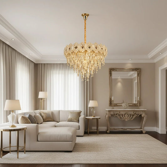 Candelabru Cristal FLEUR Magno 12xE14, Diametru 60cm, Inaltime 45cm, Auriu Lucios, Inaltime Reglabila, Design Elegant