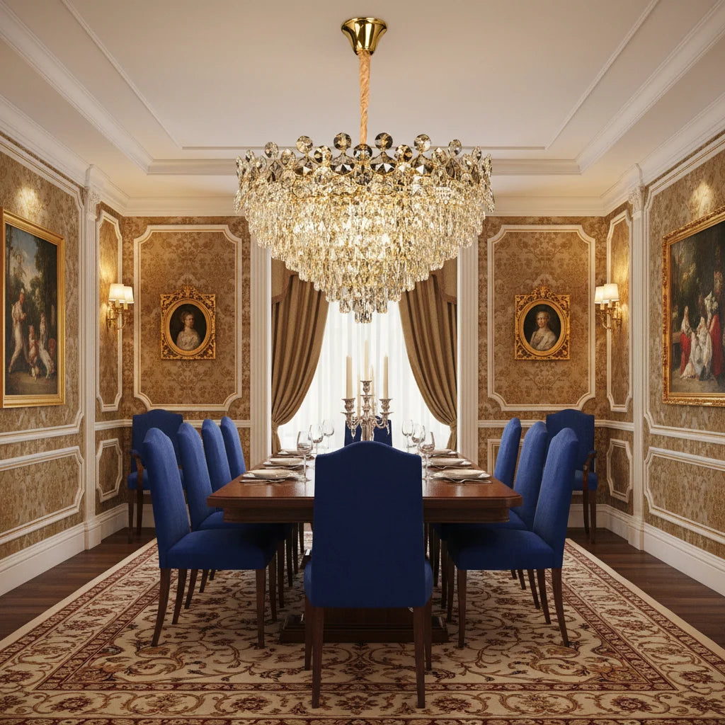 Candelabru Cristal ACE Regalis 22xE14, Diametru 80cm, Inaltime 40cm, Auriu Lucios, Inaltime Reglabila, Design Elegant