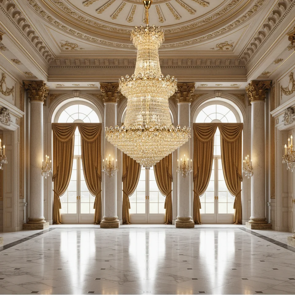 Candelabru Cristal TORRE 59xE14, Diametru 120cm, Inaltime 200cm, Auriu Lucios, Inaltime Reglabila, Design Elegant