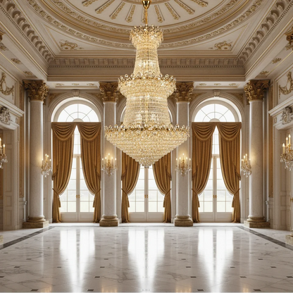 Candelabru Cristal TORRE 59xE14, Diametru 120cm, Inaltime 200cm, Auriu Lucios, Inaltime Reglabila, Design Elegant