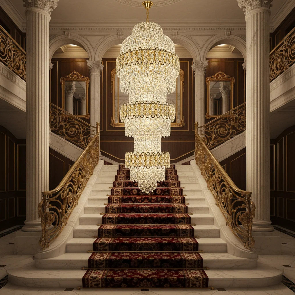 Candelabru Cristal TRIO Magno 49xE14, Diametru 65cm, Inaltime 200cm, Auriu Lucios, Inaltime Reglabila, Design Elegant